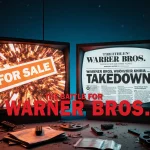 Two giant TV screens display a split screen with a For Sale sign and a chaotic headline about Warner Bros takedown