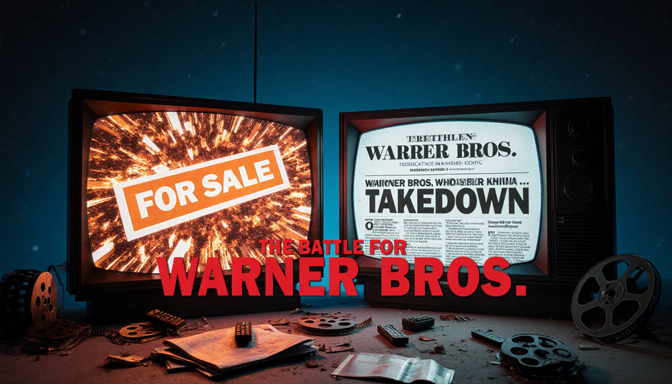 Two giant TV screens display a split screen with a For Sale sign and a chaotic headline about Warner Bros takedown