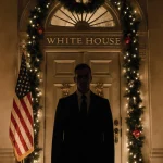 Figure standing before White House door with Christmas lights and an American flag in the background showing tension