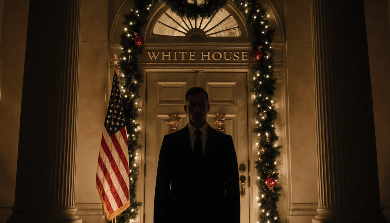 Figure standing before White House door with Christmas lights and an American flag in the background showing tension