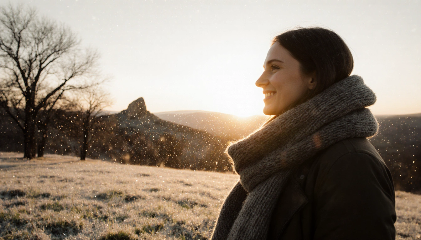 Woman wrapping scarf around neck smiling with winter morning grass and sunrise behind bare trees in Austin Hill Country