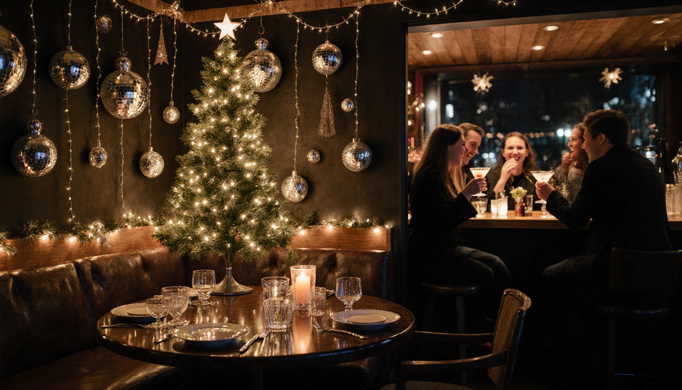 Patrons laugh while sipping cocktails with a Christmas tree and disco balls reflected on glassware