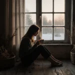 Woman sits with steaming coffee near frosted window showing bleak winter outside.
