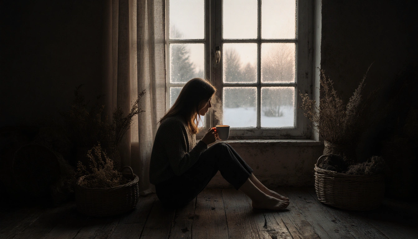 Woman sits with steaming coffee near frosted window showing bleak winter outside.