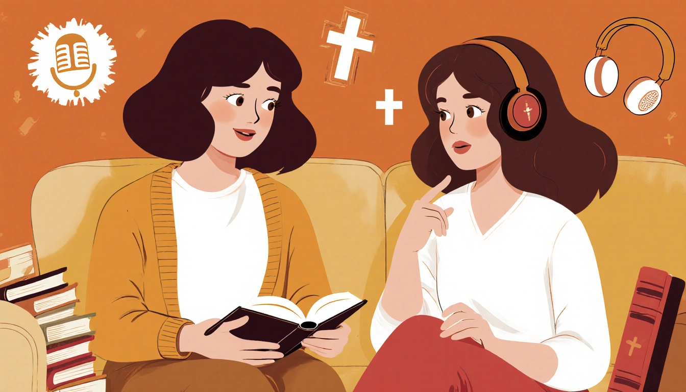 Arielle and Angela sit on a couch talking with a Bible and a podcast microphone.