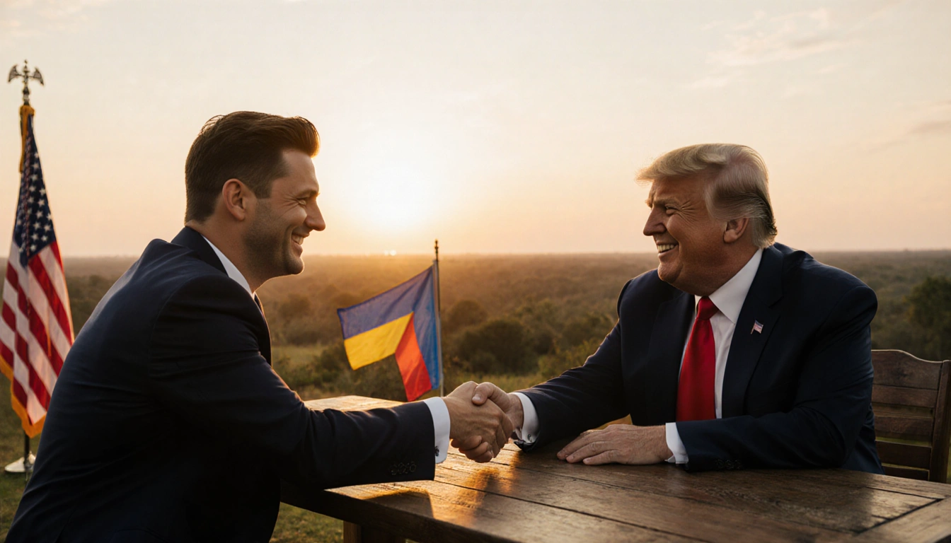 Zelensky shaking hands with former US President Trump with golden sunset over Florida landscape for peace