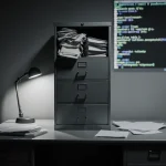 Filing cabinet spilling papers with lamp glow and blurred code background.