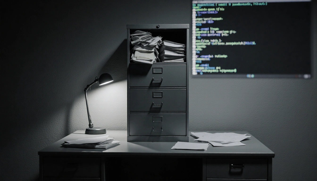 Filing cabinet spilling papers with lamp glow and blurred code background.