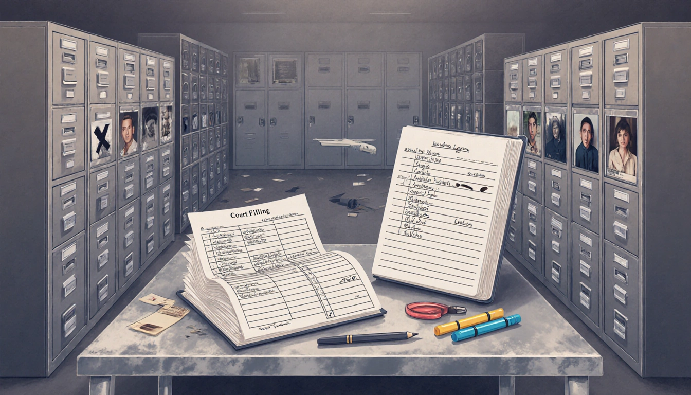 Flight logs and court filings rest on metal table with open address book and redacted documents nearby.