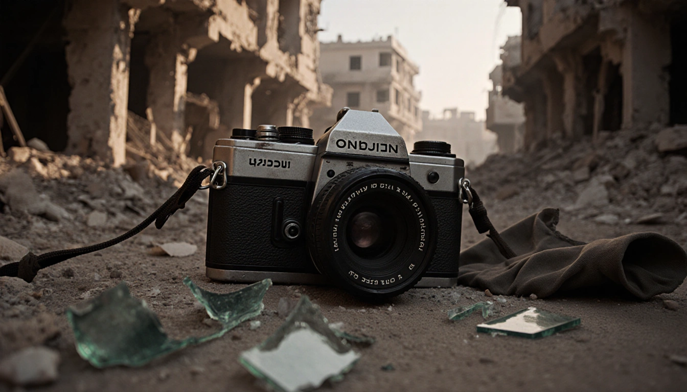 Worn film camera leaning abandoned with faded Israeli insignia and rubble backdrop in Jenin