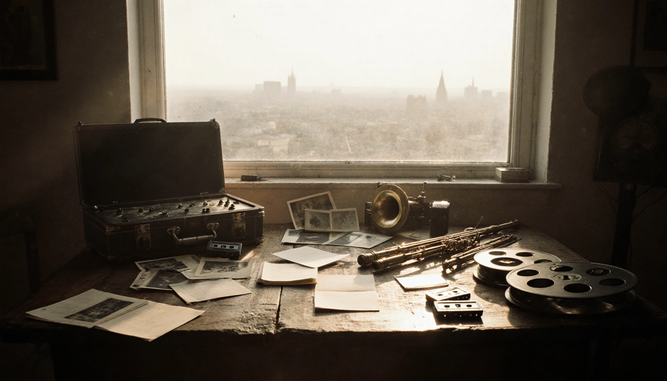 Documentary film reel spinning on worn wooden table with vintage instruments and warm lighting.