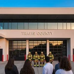 Firefighters standing proudly with safety gear near a modern fire station and a Travis County sign against a blue Texas sky