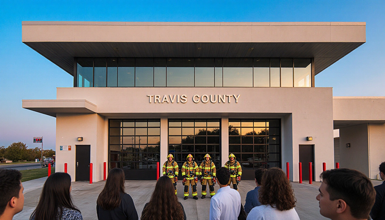 Firefighters standing proudly with safety gear near a modern fire station and a Travis County sign against a blue Texas sky
