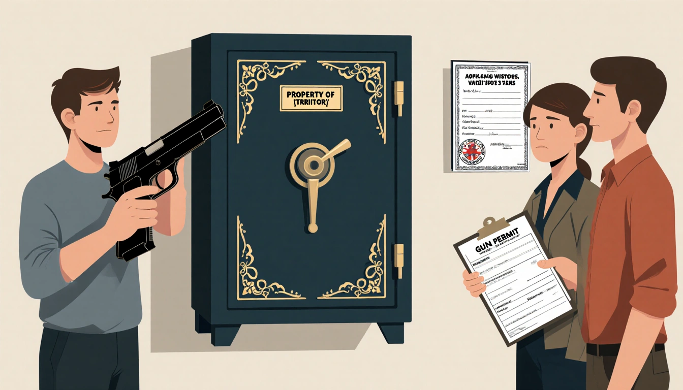 Person holding a firearm with a floor-bolted safe and two witnesses holding clipboard and concerned look