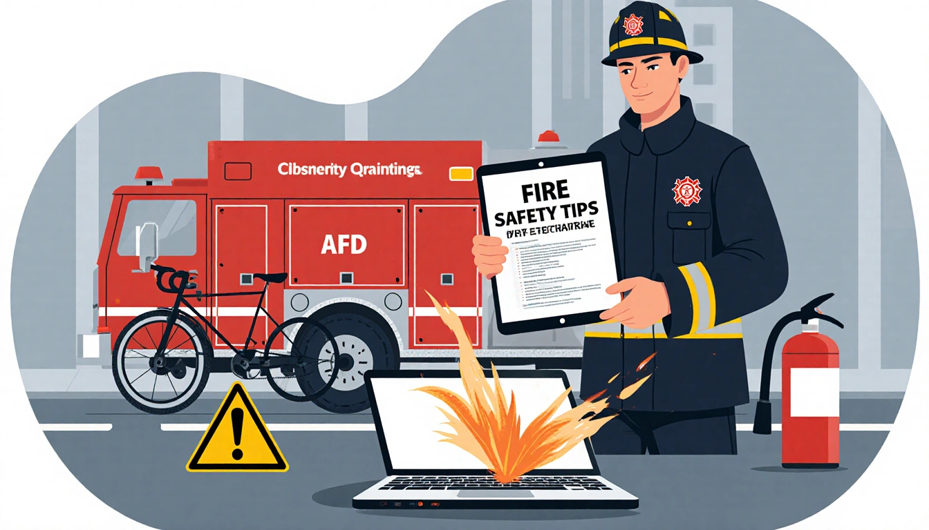 Firefighter holding tablet with fire safety tips near open laptop and fire extinguisher with subtle screen flames