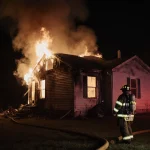 Firefighter emerging from burning house with charred walls and emergency lights glowing into night sky