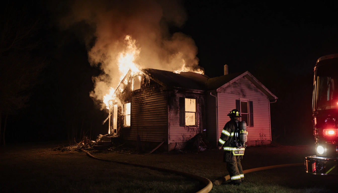 Firefighter emerging from burning house with charred walls and emergency lights glowing into night sky