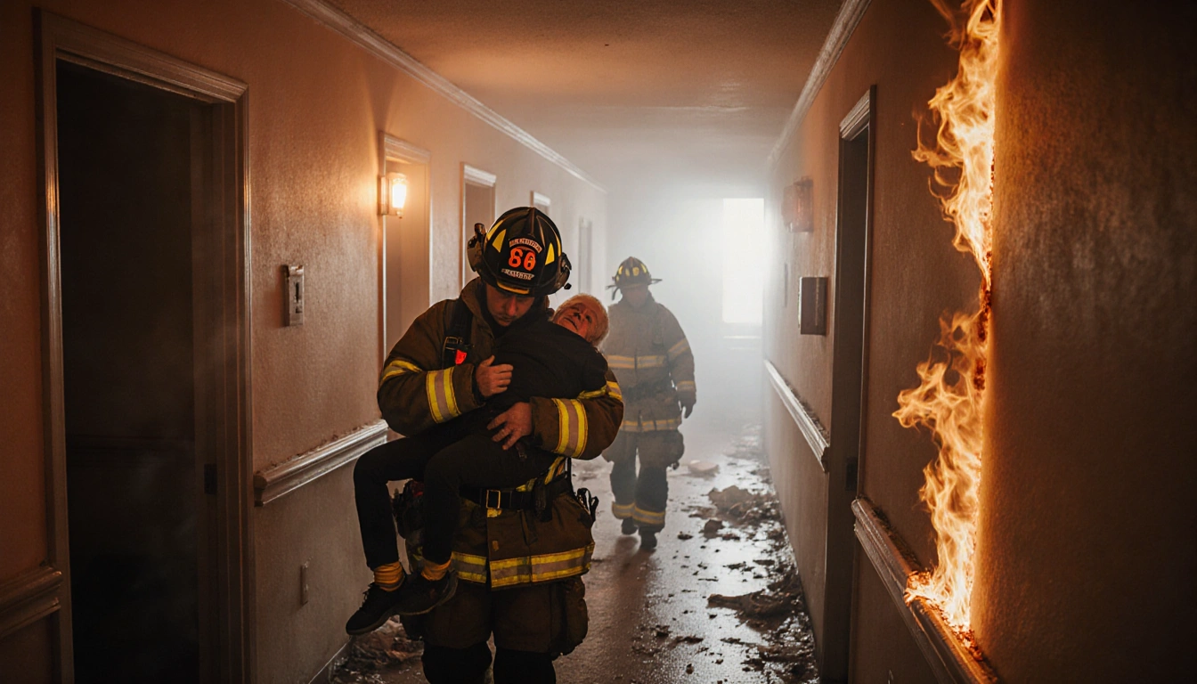 Firefighter rescuing resident with smoke-filled hallway and orange rescue lamps in a nursing home