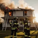 Firefighters stand outside two‑story home with hoses and fire smoke in background