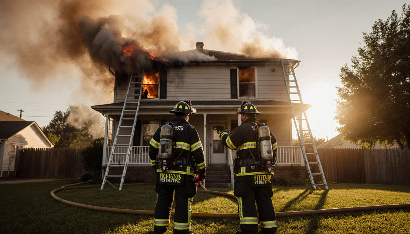 Firefighters stand outside two‑story home with hoses and fire smoke in background