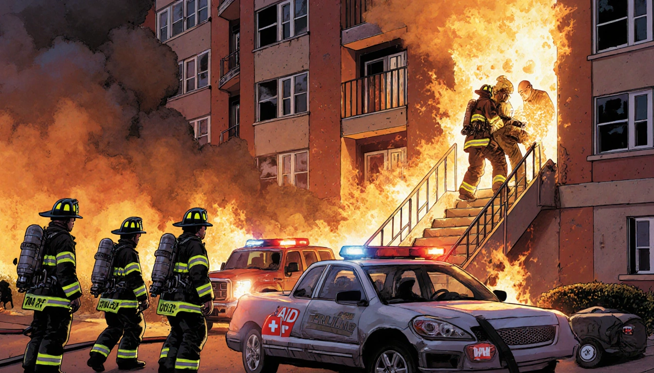 Firefighter pulling a patient from stairwell with flames engulfing nursing home and smoke-filled windows