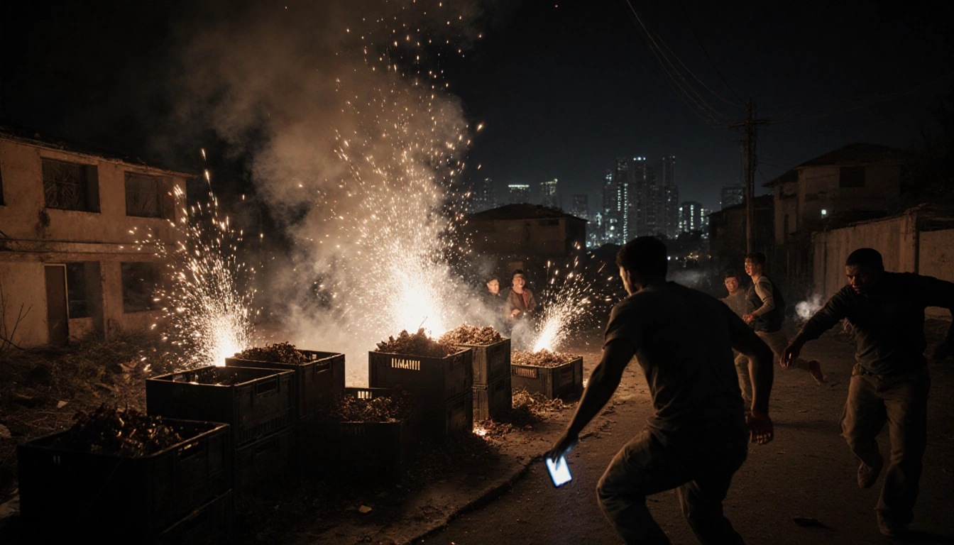 People fleeing from exploding fireworks with bright flashes illuminating crates of illegal fireworks in a dark night.