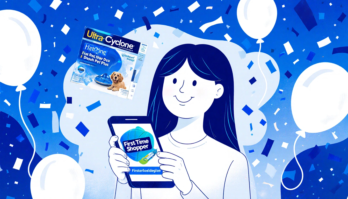 Person holding smartphone with brand logo and smiling amid blue and white confetti and balloons near a blurred product