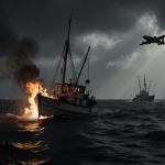 Fire‑lit fishing boat sinking with flames licking hull against gray stormy sky and distant aircraft silhouette