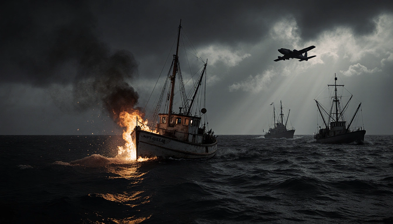 Fire‑lit fishing boat sinking with flames licking hull against gray stormy sky and distant aircraft silhouette