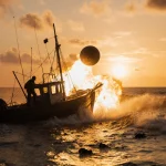 Fishing boat exploding with missile blast with waves crashing and sunset glow over water