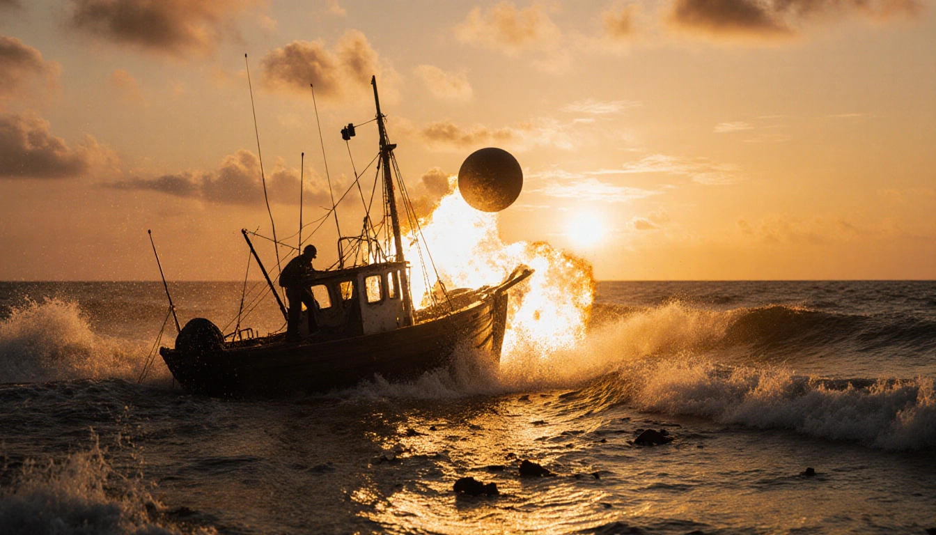Fishing boat exploding with missile blast with waves crashing and sunset glow over water