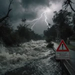 Overflowing creek rushes down LA sidewalk with red warning sign partially submerged and trees uprooted under stormy sky