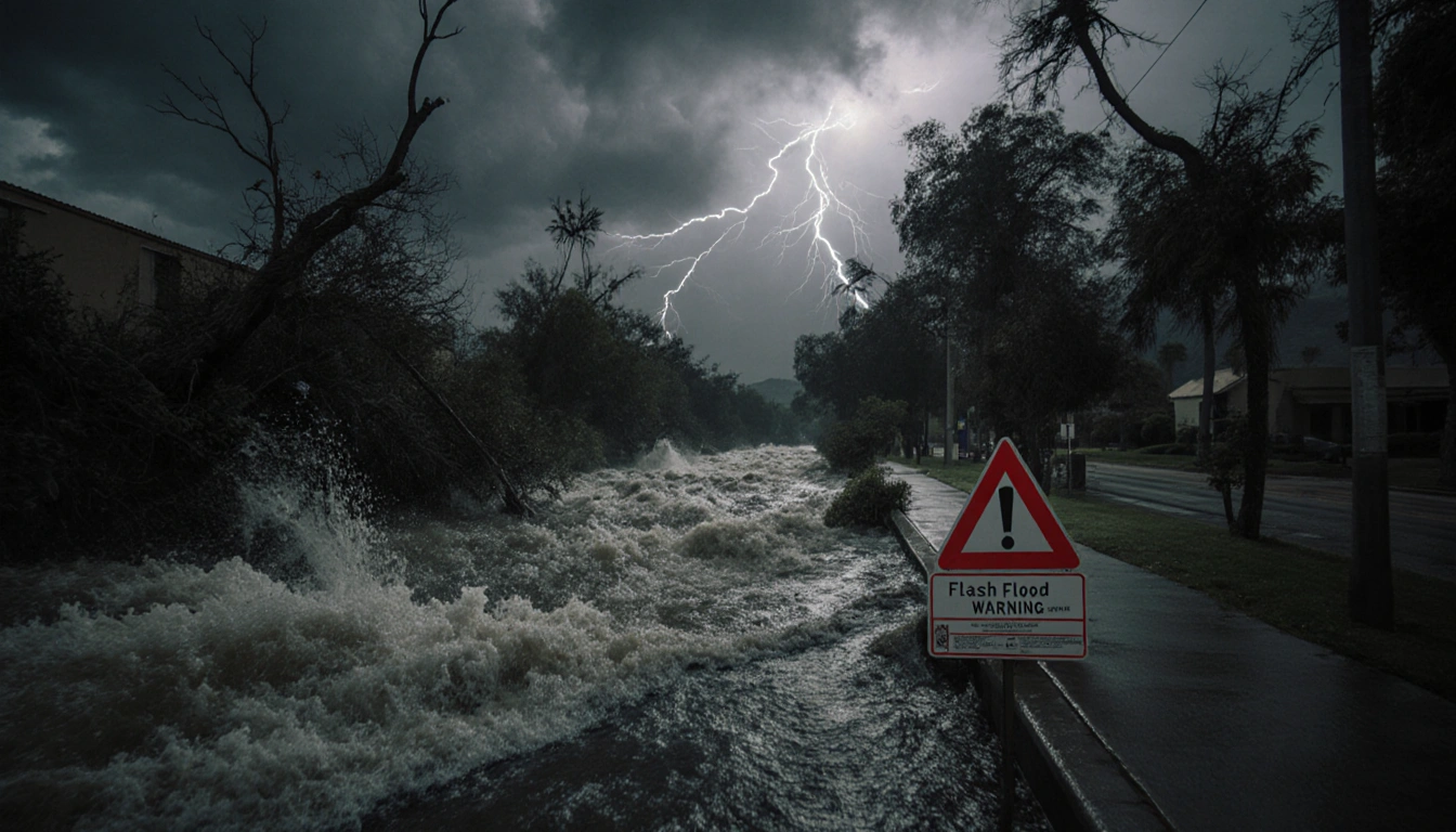 Overflowing creek rushes down LA sidewalk with red warning sign partially submerged and trees uprooted under stormy sky