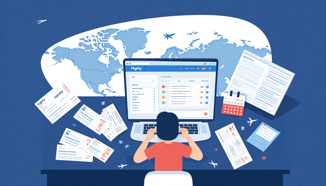 Person using laptop with Flighty interface while flight tickets and brochures scatter around and a world map glows behind.