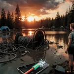 Camp counselor stands by lake with stormy sky and orange sunset over flooded campsite
