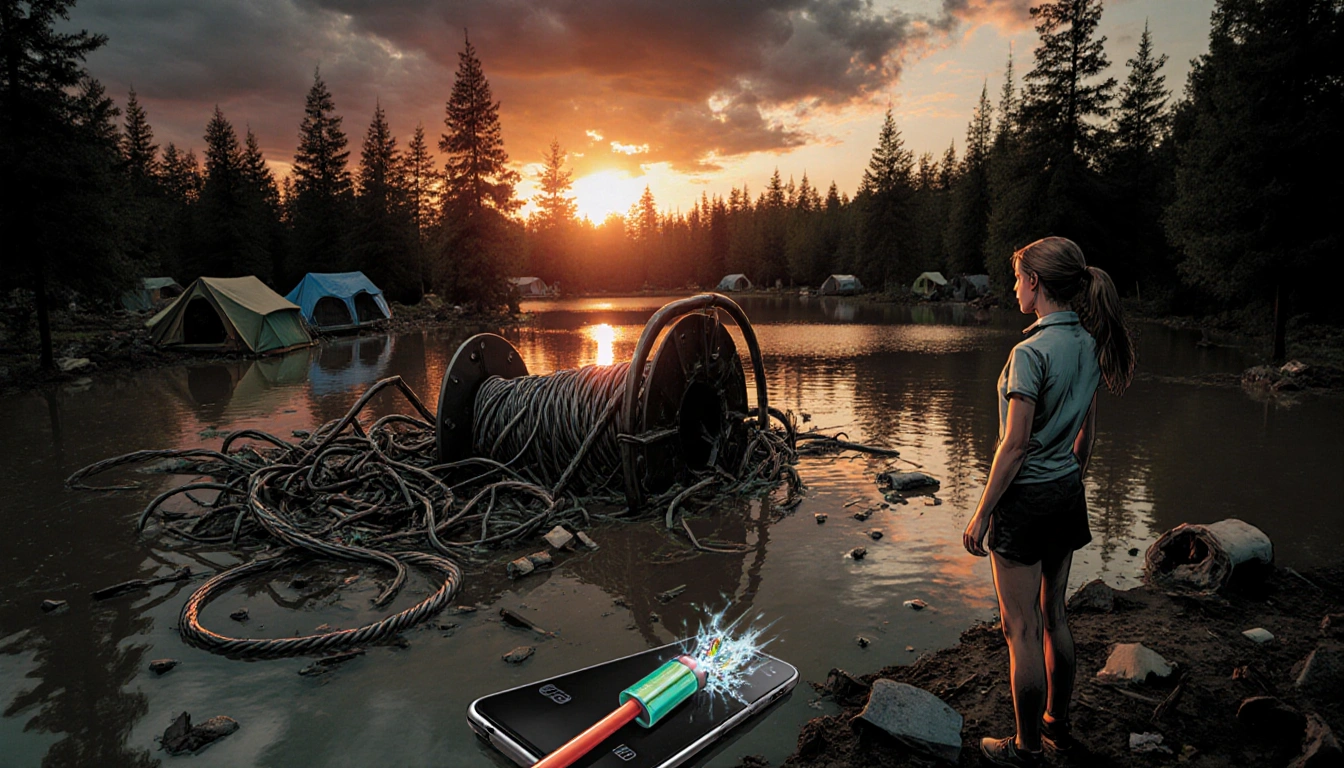 Camp counselor stands by lake with stormy sky and orange sunset over flooded campsite