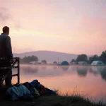 Lone figure looking out from rusty gate with flooded campsite and misty Texas Hill Country