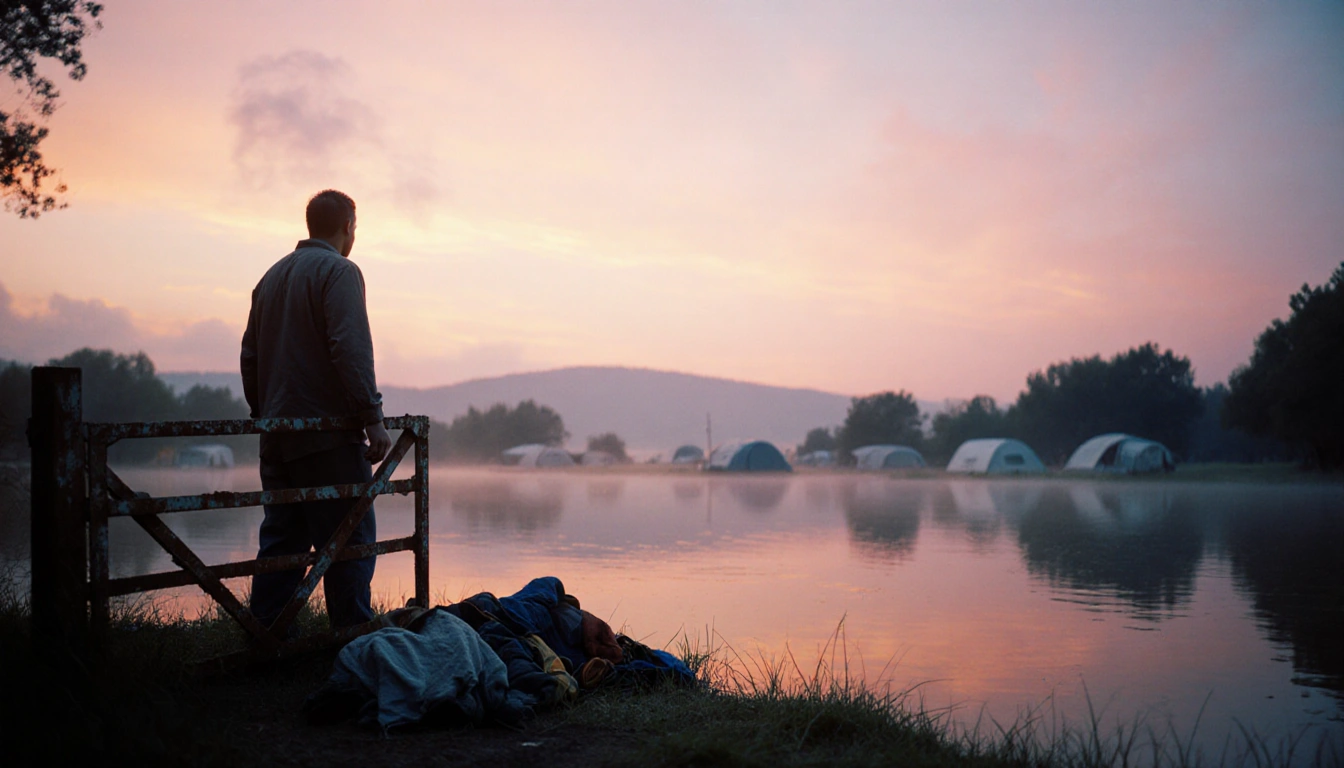 Lone figure looking out from rusty gate with flooded campsite and misty Texas Hill Country