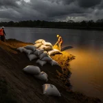 Workers pouring sand into sandbags with partially flooded levee and overcast sky