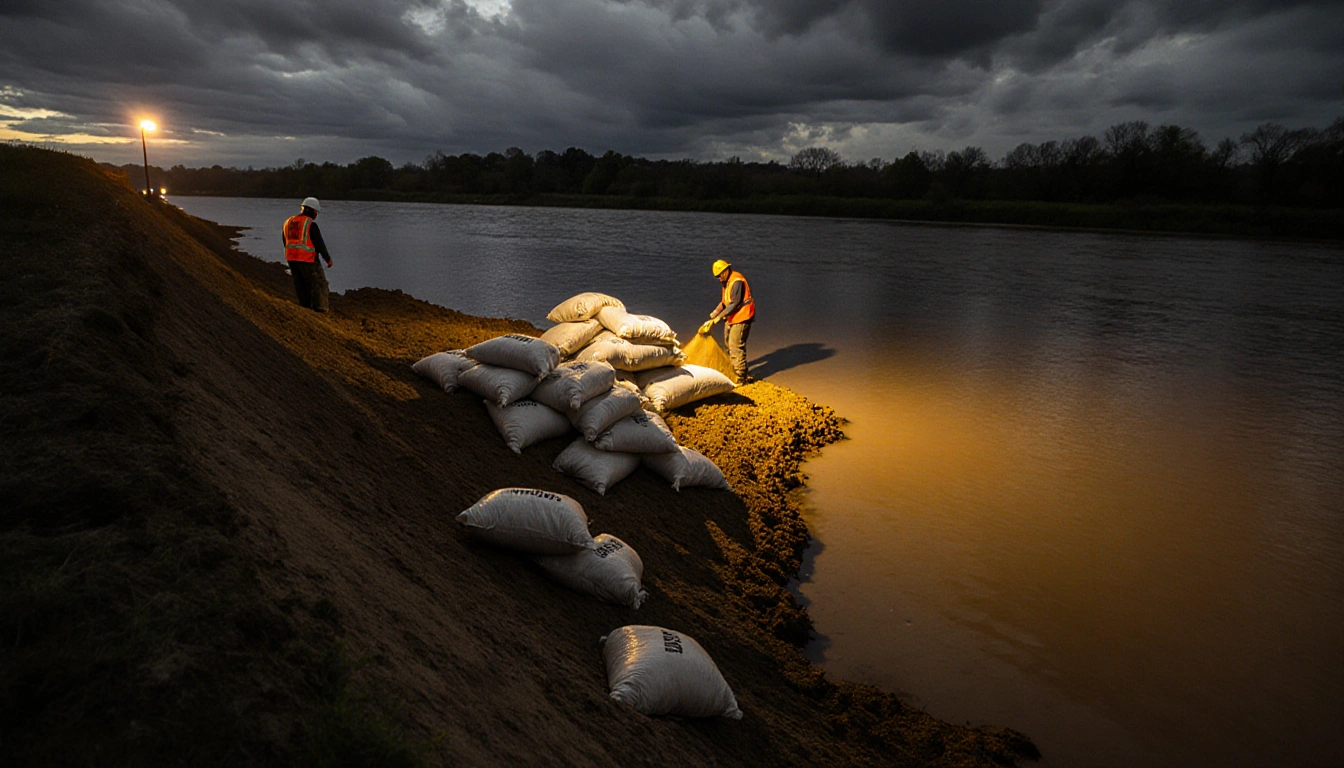 Workers pouring sand into sandbags with partially flooded levee and overcast sky