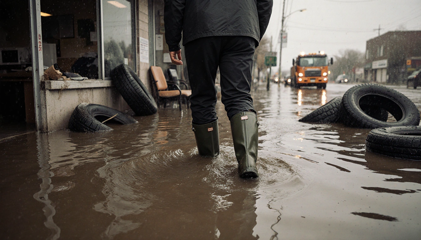 Person wading through muddy water with flooded tire office and debris in background