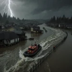Rescue boat navigating flooded Washington town with submerged buildings and people on rooftops under stormy sky