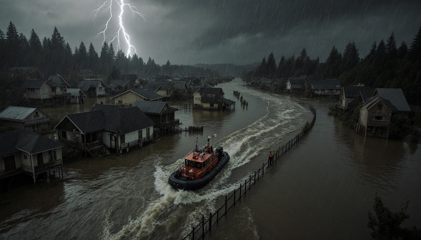 Rescue boat navigating flooded Washington town with submerged buildings and people on rooftops under stormy sky