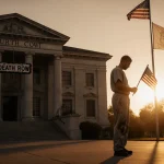Inmate holding flag looking down at Florida courthouse with sunset and crooked Death Row sign.