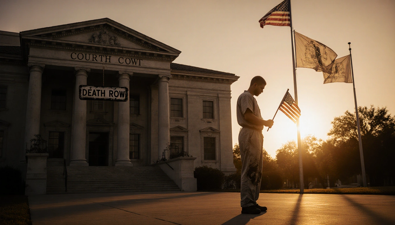 Inmate holding flag looking down at Florida courthouse with sunset and crooked Death Row sign.