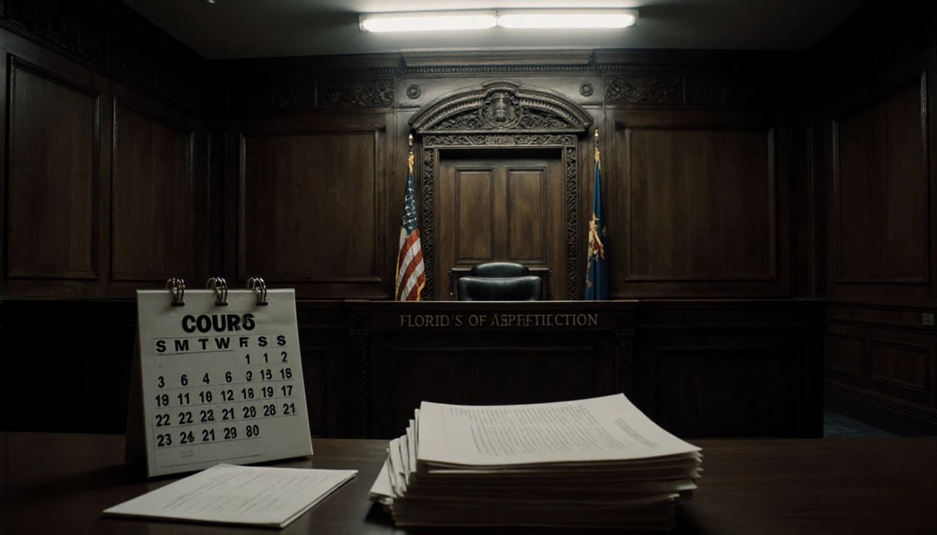 Courtroom documents stack with highlighted 1988 calendar and a judge's bench lit by flickering fluorescent light of convictio