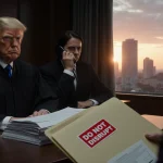 Lawyer talking on phone with red DO NOT DISRUPT folder in front of him in dim courtroom and sunset cityscape behind.