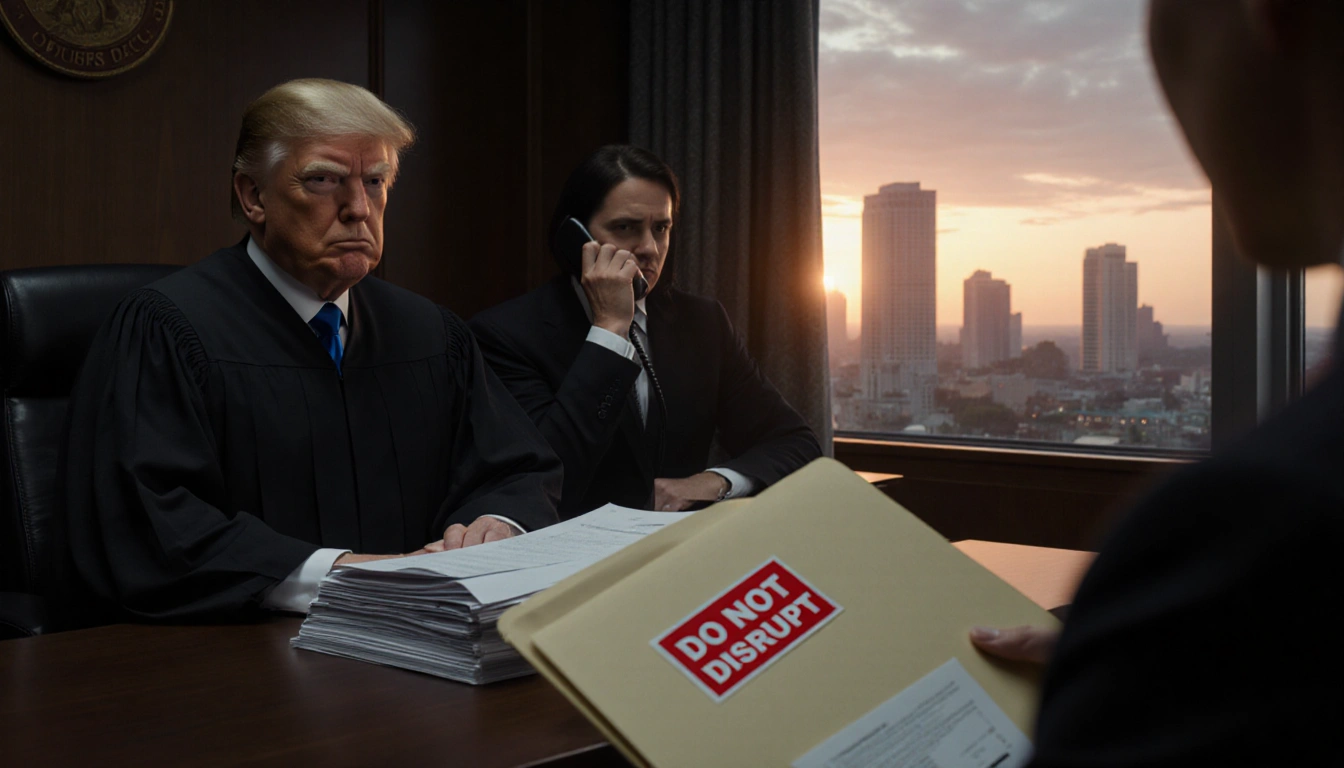 Lawyer talking on phone with red DO NOT DISRUPT folder in front of him in dim courtroom and sunset cityscape behind.