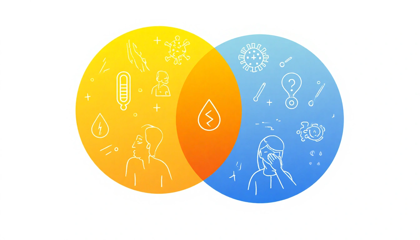 Circles overlap showing flu and COVID symptoms with yellow-orange icons.