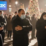 Person clutching arm in discomfort among crowded masked crowd with CDC TV screen showing flu stats